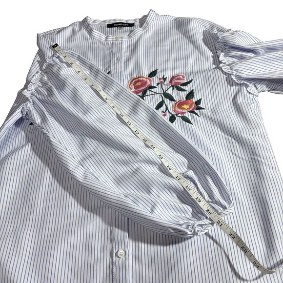 Sugar Lips Long Puff Sleeve Embroidered White with Stripe Button Down Shirt M - Picture 11 of 16